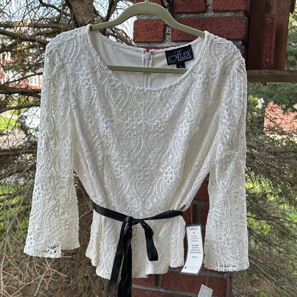 Alex Evenings Ivory Lace Blouse with Black Sash